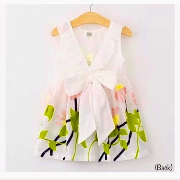 Cotton Dress With Embroidered Flowers Ruffle Collar Large Bow at Small of Back - Picture 1 of 8